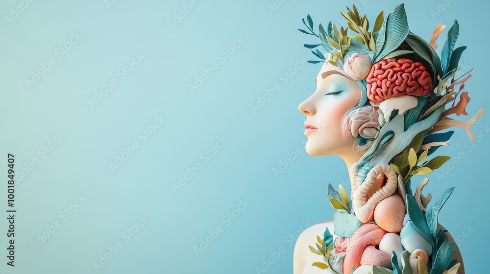 Harmony of Digestive Wellness: Woman's Artistic Representation in Soft Pastels on Serene Blue Background Harmony of Digestive Wellness: Woman's Artistic Representation in Soft Pastels on Serene Blue Background