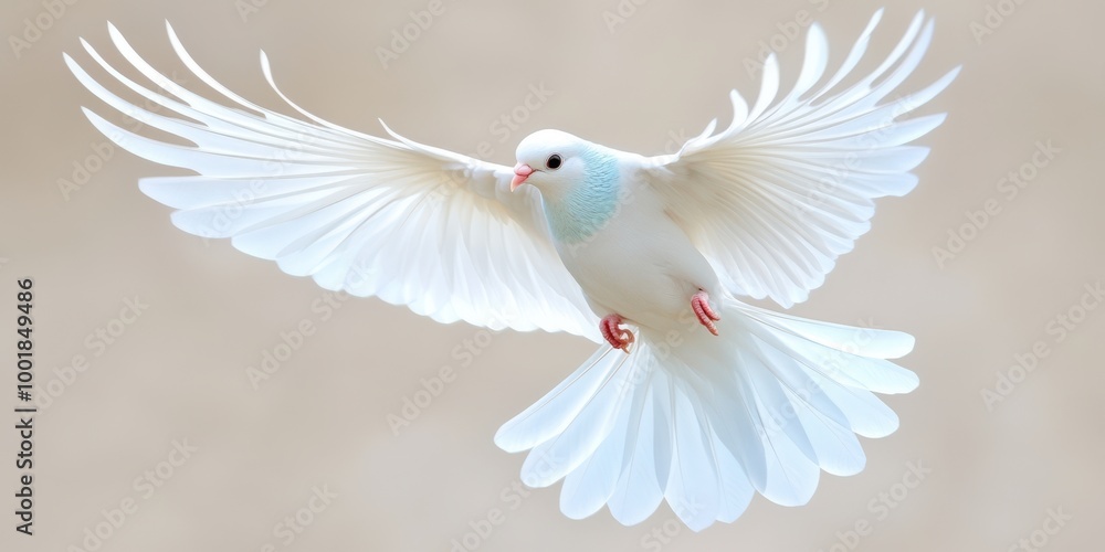 White Dove Flying In Flight Isolated On Beige Background White Dove Flying In Flight Isolated On Beige Background
