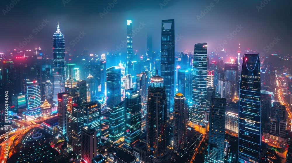 Fototapeta premium Time-lapse: Aerial view of an urban landscape at night, highlighting the illuminated skyscrapers and the lively movement of city life.