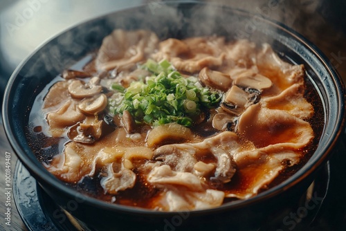 Steaming Bowl of Pork Dumplings and Mushrooms