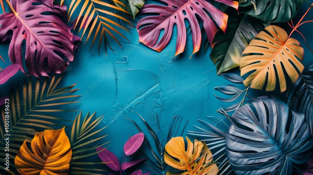 Fototapeta premium A colorful tropical leaves are arranged on a blue background