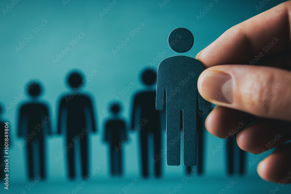 Hand selecting figure from a line of blurred human icons representing recruitment, talent selection, hiring process, Business strategy, and human resources concepts Hand selecting figure from a line of blurred human icons representing recruitment, talent selection, hiring process, Business strategy, and human resources concepts