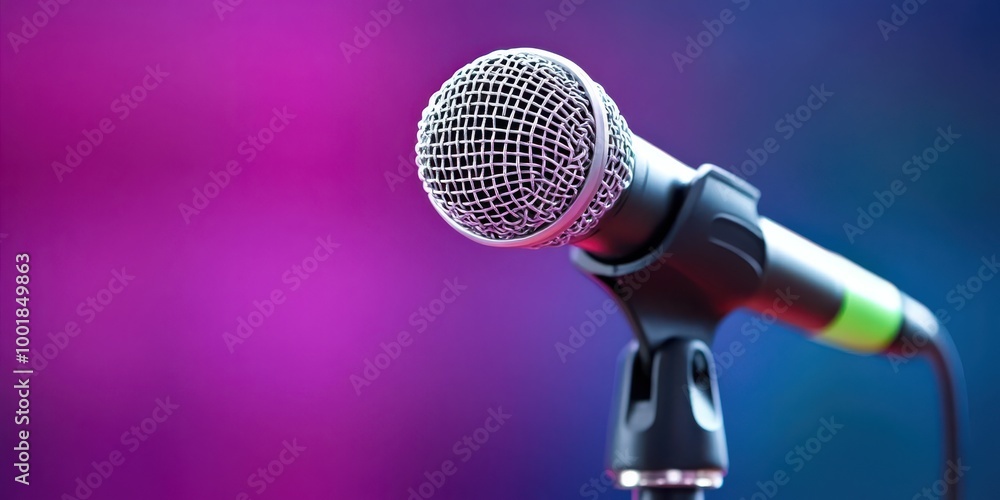 Microphone on a Stand Against a Purple and Blue Gradient Background Microphone on a Stand Against a Purple and Blue Gradient Background