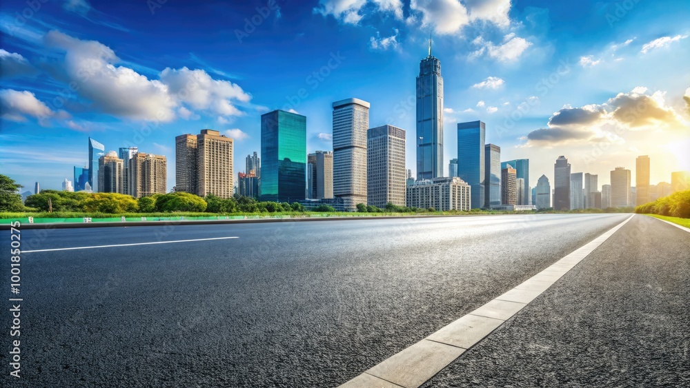 Urban Street Background with Paved Road and Vibrant Cityscape Under Clear Blue Sky in Daylight Urban Street Background with Paved Road and Vibrant Cityscape Under Clear Blue Sky in Daylight
