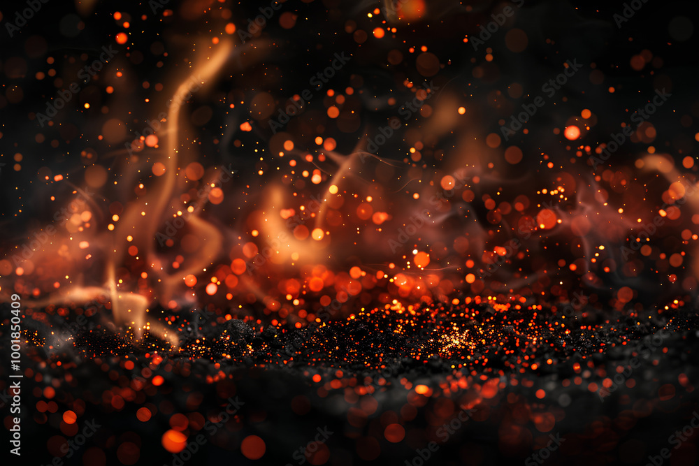 Fire ember particles over a black background, with a very dark ...