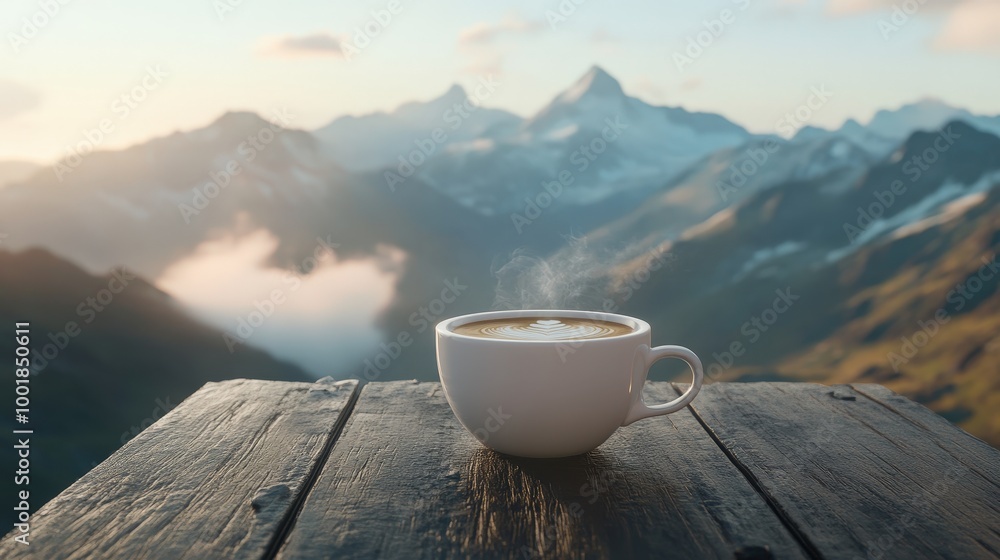 Serene Morning Coffee with Mountain Views - Concept of Tranquility and rejuvenation Serene Morning Coffee with Mountain Views - Concept of Tranquility and rejuvenation