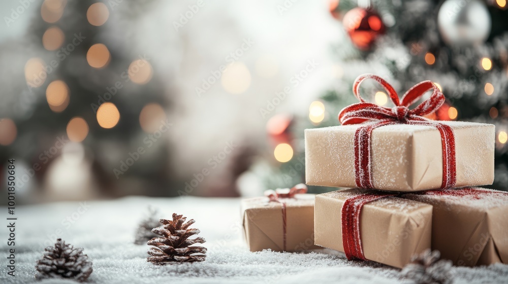 Blurred Christmas background. Festive tree and gift boxes Blurred Christmas background. Festive tree and gift boxes