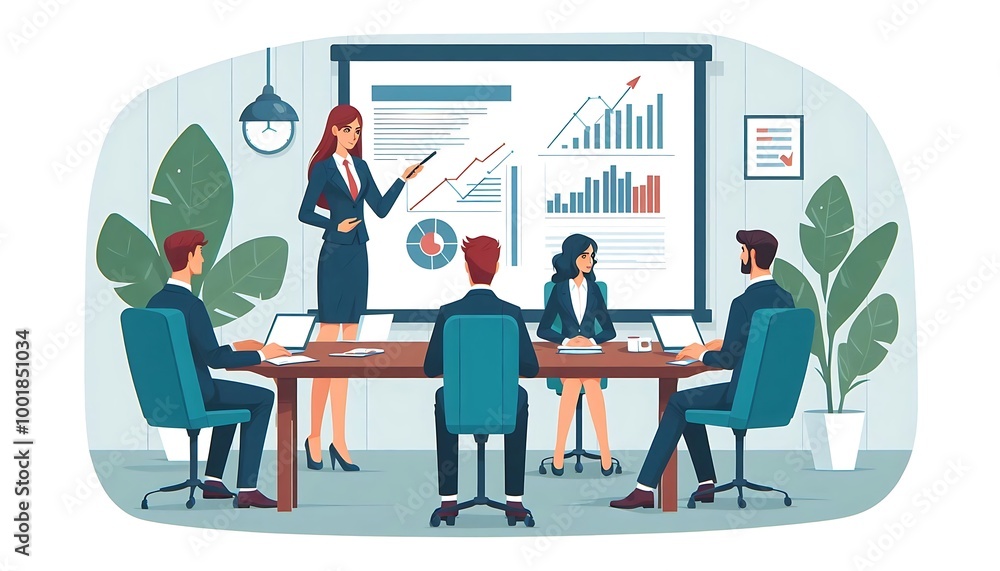 consultant giving a presentation to clients in a conference room in flat design illustration isolated on white consultant giving a presentation to clients in a conference room in flat design illustration isolated on white