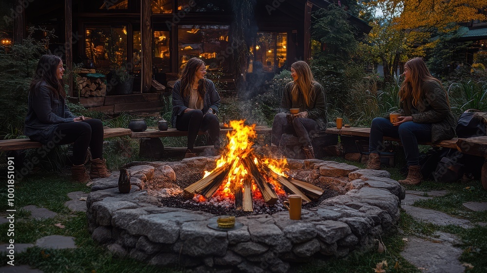 Friends Gather Around Bonfire in Rustic Setting Friends Gather Around Bonfire in Rustic Setting