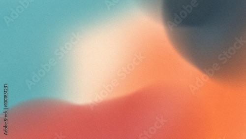 A retro vintage mid century modern abstract background featuring vibrant Gunmetal, Moonstone, Desert sand, Orange crayola, Persian red colors blended with copy space textured noise effect.