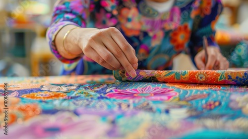 close-up of fashion design students fabricating intricate patterns on colorful textiles