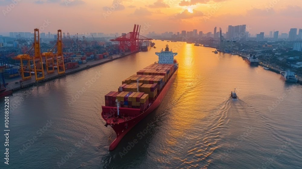 Logistics and transportation of container cargo ships and cargo planes with working crane bridges in shipyards, import export and transportation industries Logistics and transportation of container cargo ships and cargo planes with working crane bridges in shipyards, import export and transportation industries