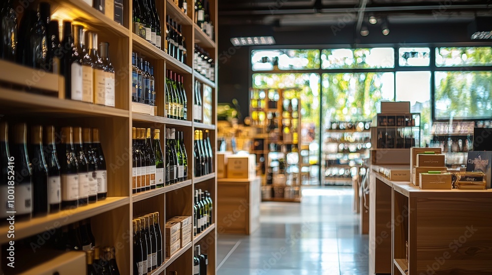 Wine shop interior with bottles on wooden shelves Wine shop interior with bottles on wooden shelves