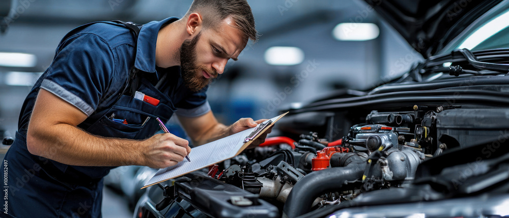 Obraz premium mechanic inspecting car engine while taking notes, focused and diligent.