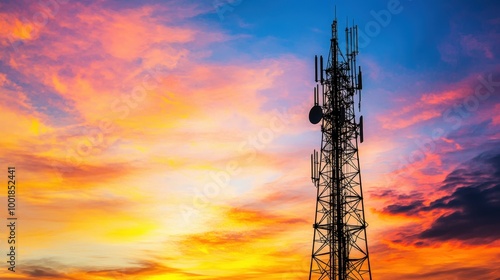 Wallpaper Mural Futuristic Telecommunication Tower Silhouetted Against Dramatic Sunset Sky Torontodigital.ca