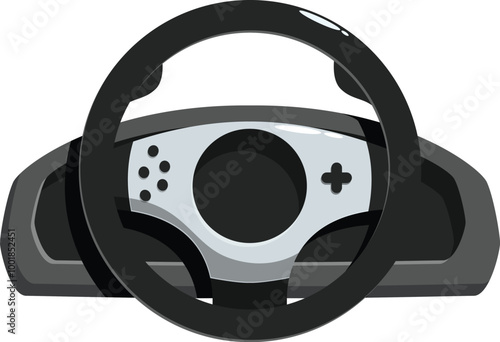 Black and grey steering wheel for racing video game consoles and simulators, featuring buttons and directional pad
