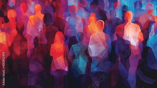 abstract digital illustration large group people standing together crowded vibrant colors colorful red blue orange purple dynamic background social gathering united stress collaboration