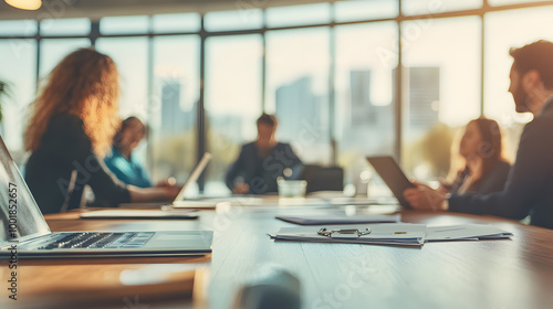 Business open modern office daytime daylight with blurred people in smart casual wear having a meeting. Working culture chill happy enjoy workplace work life balance plant women men employee