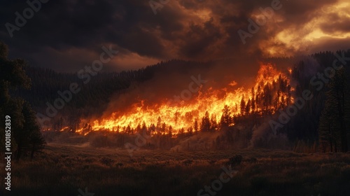 Intense Mountain Wildfire at Night - Dramatic Scene of Forest Fire and Ominous Smoke with Copy Space for Safety Campaigns