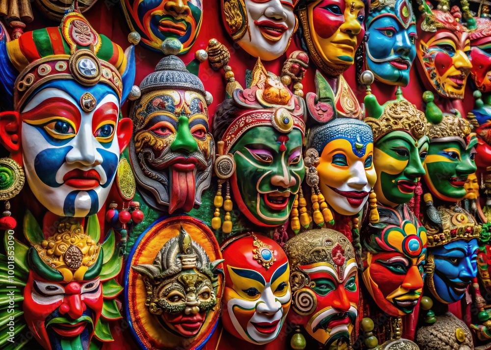 Vibrant Chinese Culture Masks Displayed with Intricate Designs and Rich Traditional Colors and Patterns Vibrant Chinese Culture Masks Displayed with Intricate Designs and Rich Traditional Colors and Patterns