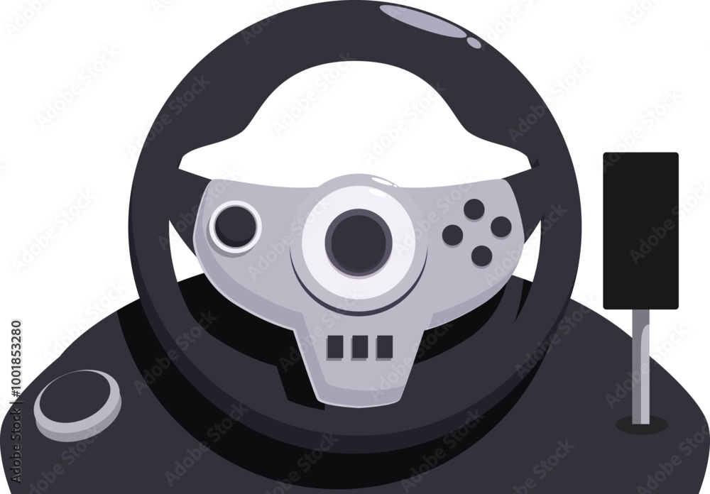 Modern racing simulator steering wheel with gear shift lever, providing immersive and realistic gaming experience Modern racing simulator steering wheel with gear shift lever, providing immersive and realistic gaming experience