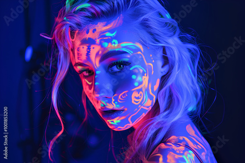 Black light photography of blond woman with neon glowing body art on her face and hands, black background, halloween concept