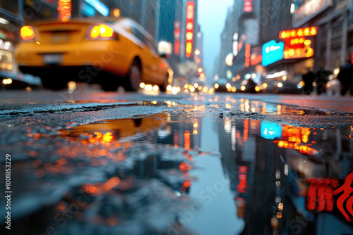 rainy city street at dusk with puddles reflecting vibrant lights.