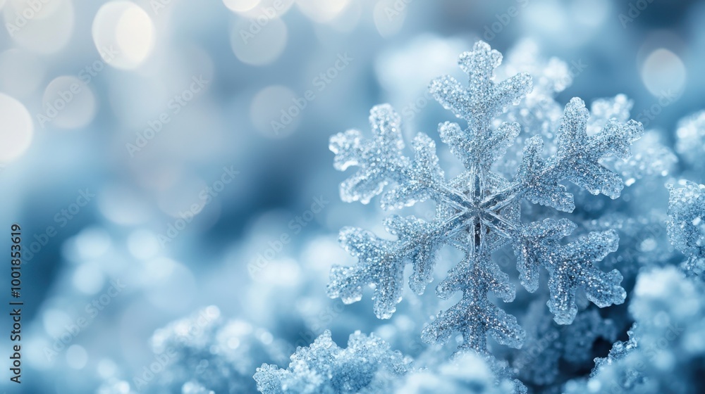 Flat holiday-themed background with abstract snowflakes in light blue on a white surface Flat holiday-themed background with abstract snowflakes in light blue on a white surface