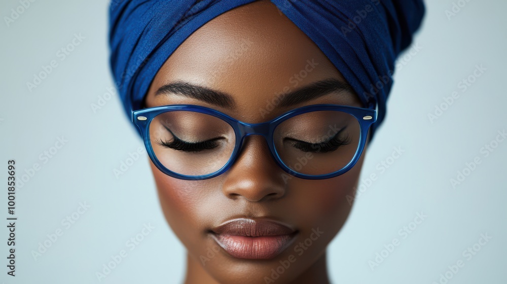 Close up of African American Woman Wearing Blue Headscarf and Glasses Close up of African American Woman Wearing Blue Headscarf and Glasses