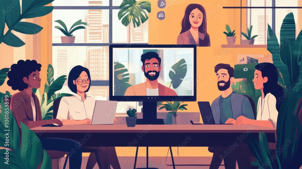 Modern Hybrid Work Model: Team Collaboration in a Contemporary Office with Virtual Meeting Integration Modern Hybrid Work Model: Team Collaboration in a Contemporary Office with Virtual Meeting Integration