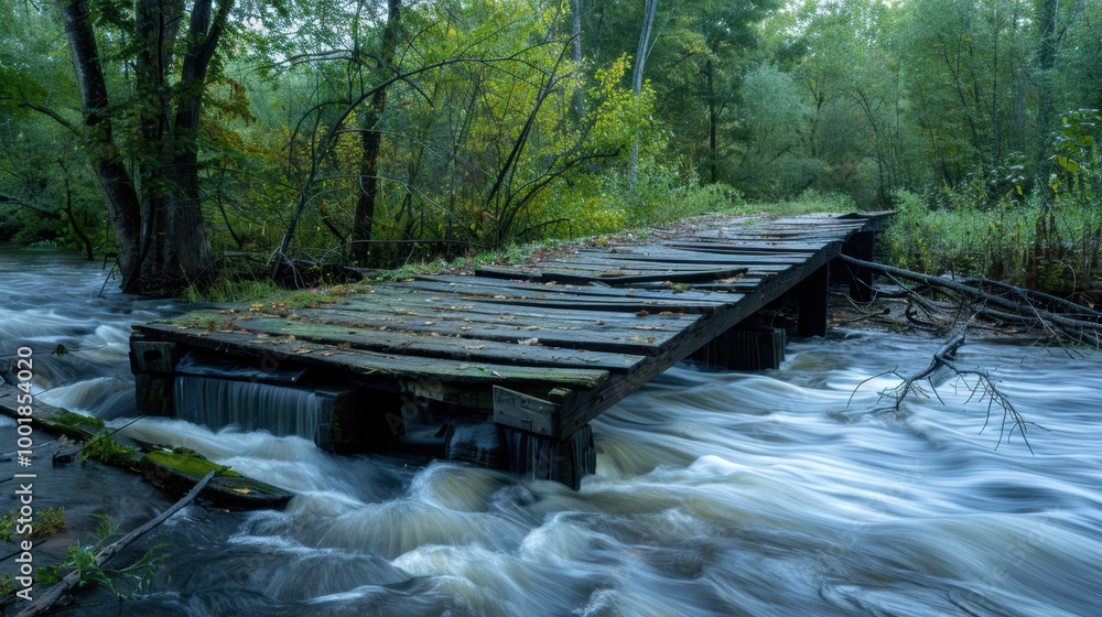 Fototapeta premium Abandoned Wooden Bridge Over Flowing Water