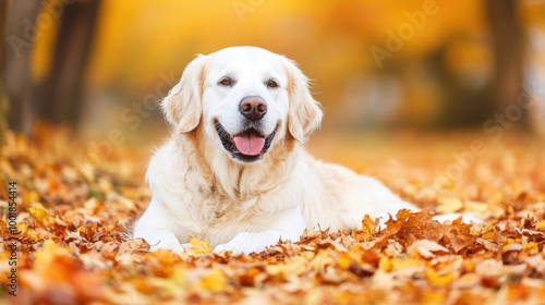 A cheerful Golden Retriever enjoys a moment of rest among vibrant autumn leaves in a tranquil park atmosphere photo