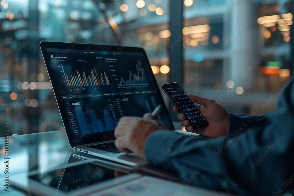 Businessman using mobile phone and laptop to analyze business documents and financial graph chart Businessman using mobile phone and laptop to analyze business documents and financial graph chart