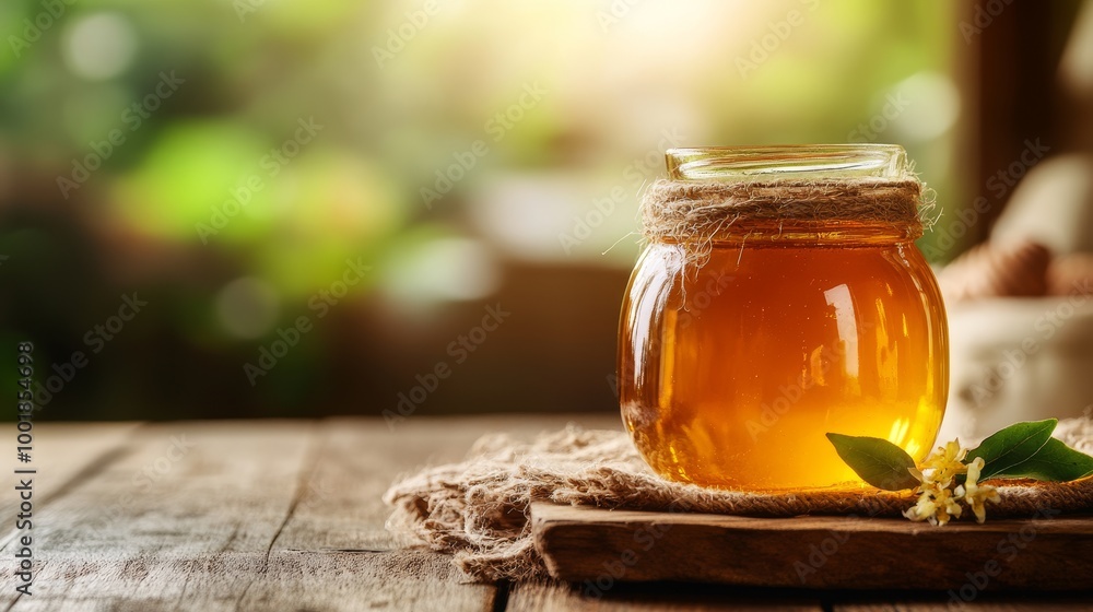 Honey jar on cozy wooden surface. Honey jar on cozy wooden surface.