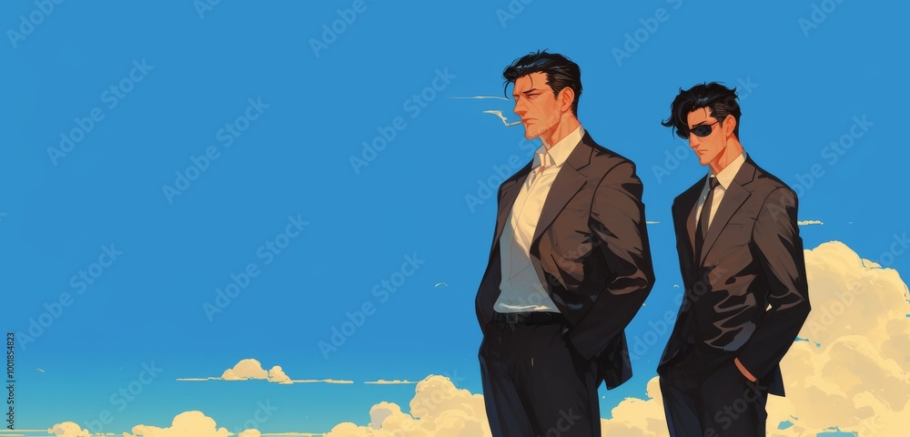 Two young men in black suits and sunglasses