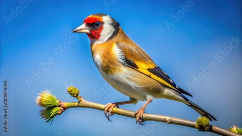 Vibrant Goldfinch Perched on a Branch Against a Clear Blue Sky in a Serene Natural Setting