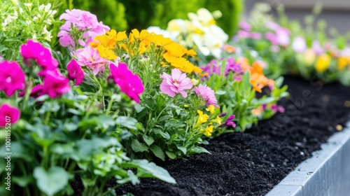 Fototapeta Naklejka Na Ścianę i Meble -  Colorful flowers bloom in a neat flowerbed as gardening tools sit ready for planting on a sunny spring day in a lush garden
