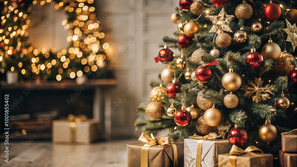 Festive Christmas tree with red and gold ornaments and presents against blurred background with copy space. Festive Christmas tree with red and gold ornaments and presents against blurred background with copy space.