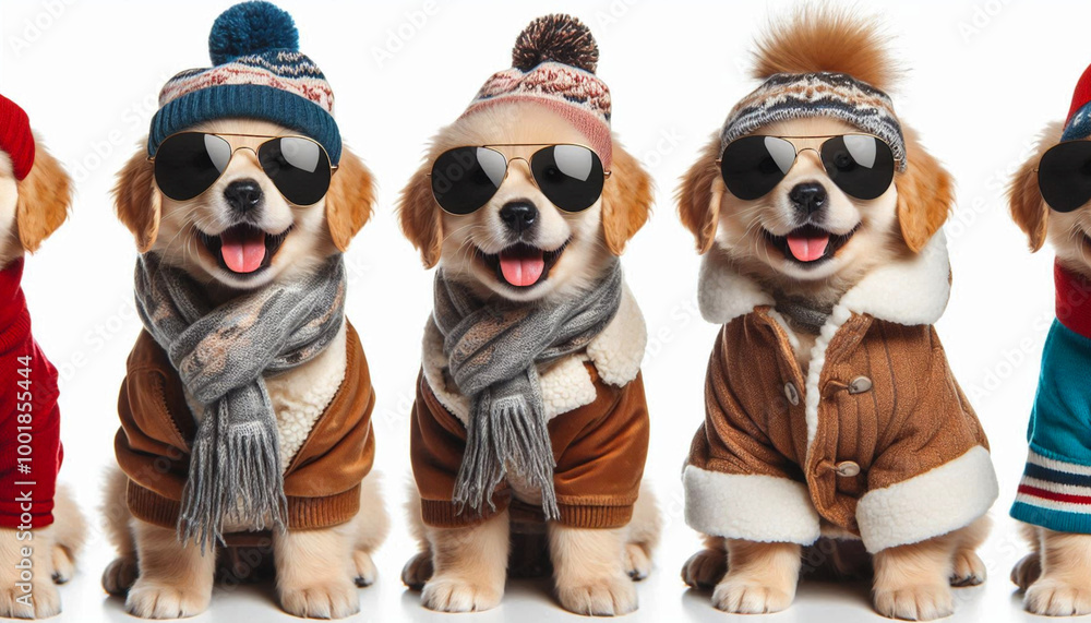 portrait of many dog wearing a sunglasses, hat, scarf winter clothing in cold weather, for winter or Christmas concept, white background, copy space portrait of many dog wearing a sunglasses, hat, scarf winter clothing in cold weather, for winter or Christmas concept, white background, copy space