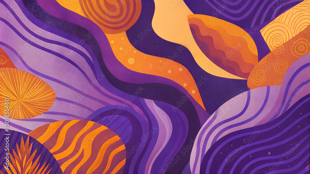 Fototapeta premium Dynamic abstract pattern featuring wavy lines and playful shapes in purple and orange
