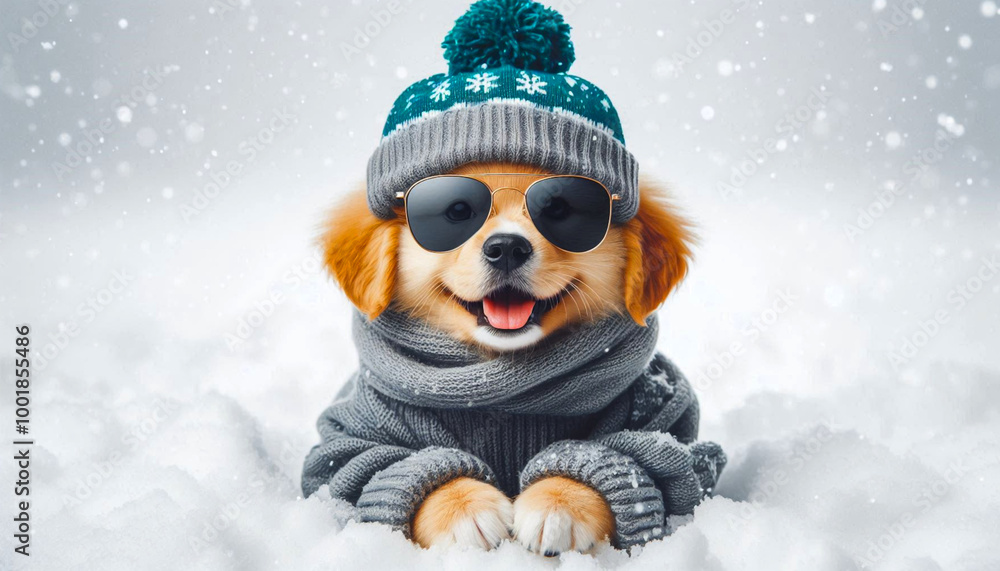 portrait of dog wearing a sunglasses, hat, scarf winter clothing in cold weather, for winter or Christmas concept, white background, copy space portrait of dog wearing a sunglasses, hat, scarf winter clothing in cold weather, for winter or Christmas concept, white background, copy space