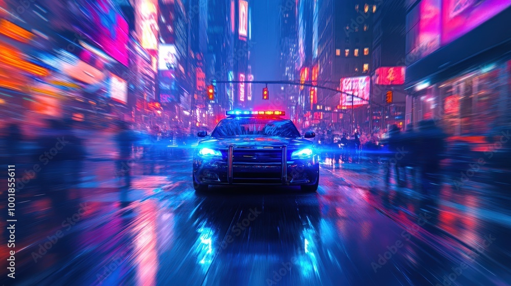Illuminating Danger: Intense Police Car Siren in Urban Night Scene Illuminating Danger: Intense Police Car Siren in Urban Night Scene
