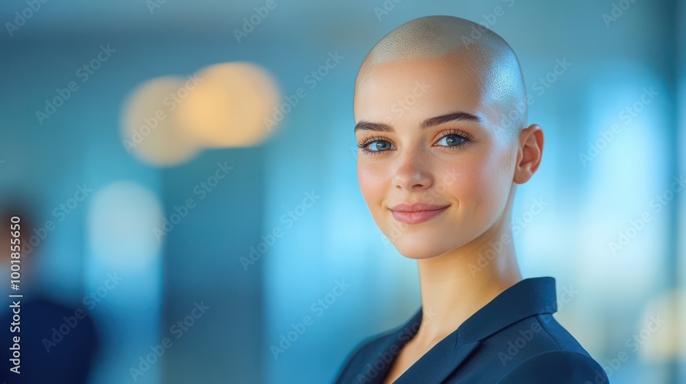 Confident Bald Woman in Business Suit Smiling in Office Confident Bald Woman in Business Suit Smiling in Office