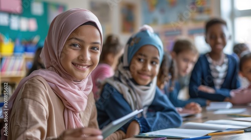 Smiling Students in Classroom Environment with Headscarves