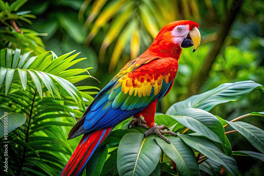 Vibrant Macaw Perched on a Branch Against a Lush Green Background in Exotic Nature Setting Vibrant Macaw Perched on a Branch Against a Lush Green Background in Exotic Nature Setting