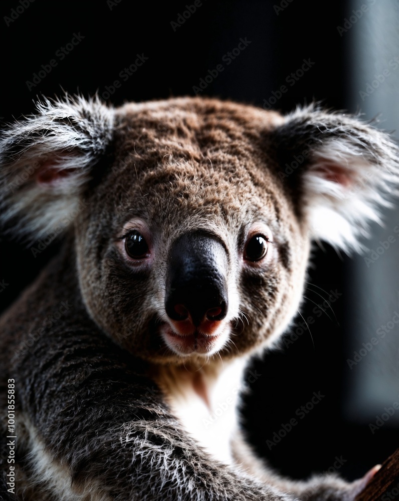 professional photo of koala side view in a dark room black background close up version looking to the camera professional photo of koala side view in a dark room black background close up version looking to the camera