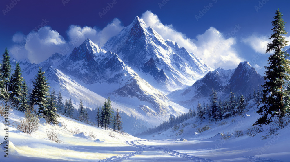 Fototapeta premium Snowy mountain range with footprints in the snow.