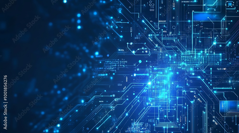 Abstract digital technology background with glowing circuit board and binary code. Abstract digital technology background with glowing circuit board and binary code.