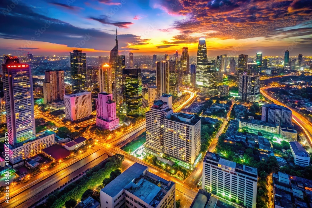 Obraz premium Vibrant Nighttime Skyline of Bangkok, Thailand Showcasing Colorful City Lights and Modern Architecture