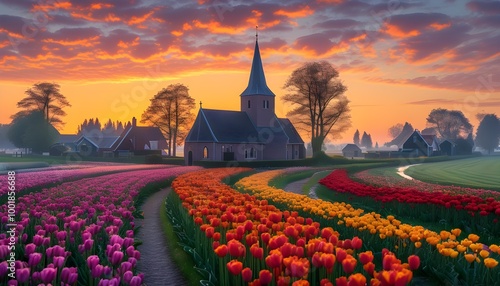 Charming church in Dutch countryside surrounded by vibrant tulip fields at sunrise, showcasing picturesque European rural landscape and the essence of spring photo